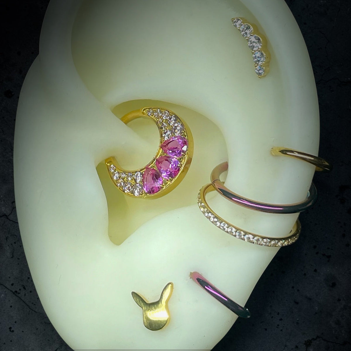 Titanium Gold & Fuchsia Pear-Cut Trio Clicker Septum/Daith - Time & Triumph