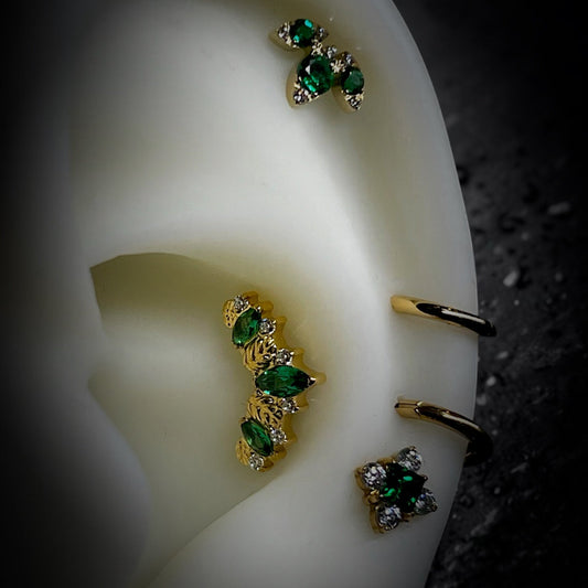 Titanium Gold Marquise Leaves Diademe & Emerald Green Threaded Attachment - Time & Triumph