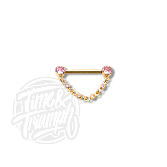 Titanium Gold Chainy Nipple Barbell & pink zirconia      Threadless