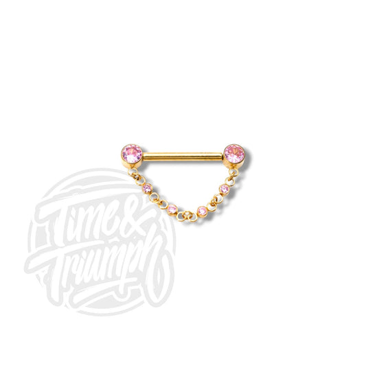 Titanium Gold Chainy Nipple Barbell & pink zirconia Threadless - Time & Triumph